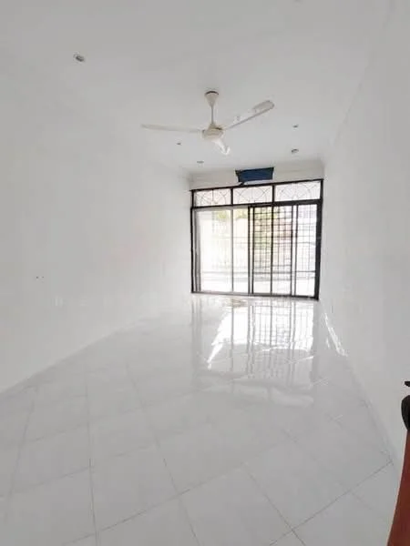 Room features: white painted walls, glossy white tile flooring, 5-blade ceiling fan, floor-to-ceiling windows, sliding glass door, natural light from windows, no visible furniture, open layout; style: minimalist.