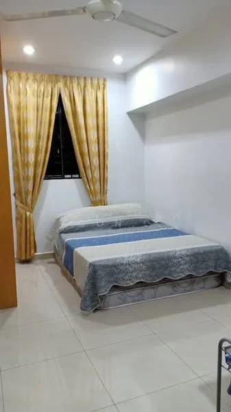 Bedroom features: queen-size bed, upholstered headboard, bedding in blue and white, yellow patterned curtains, floor-to-ceiling window, white painted walls, tile flooring, ceiling fan with light, built-in wardrobe, decorative wall shelf; style: modern.