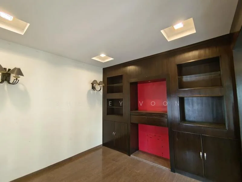 Room features: dark wood cabinetry, red accent wall, two wall sconces, recessed ceiling lights, smooth wall surface, laminate flooring, built-in shelves, closed storage cabinets; style: modern.