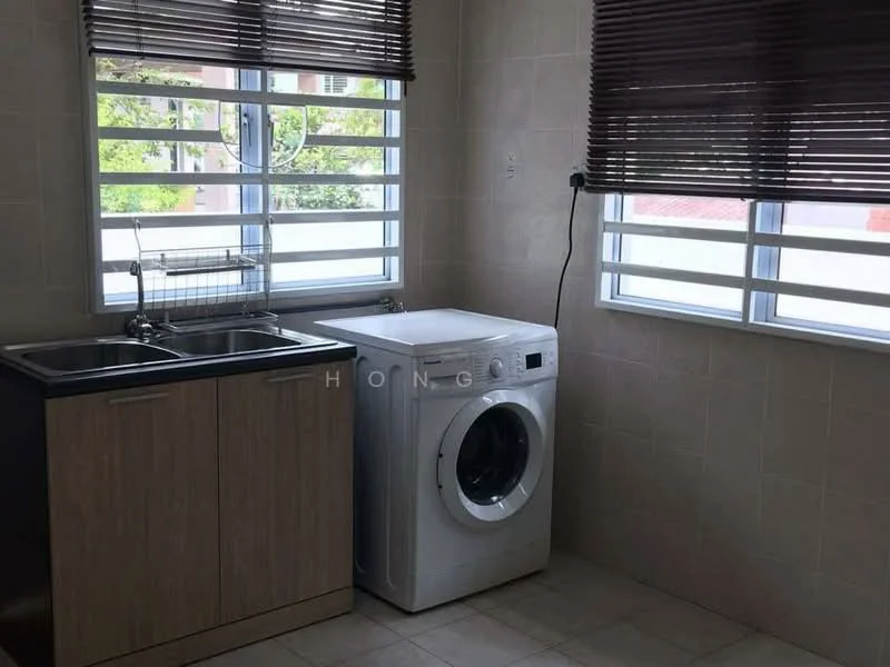 Laundry features: double-bowl stainless-steel sink, wood cabinetry, front-load washing machine, tile flooring, window with blinds, neutral wall tiles, counter space, outdoor view; style: modern; view: garden.