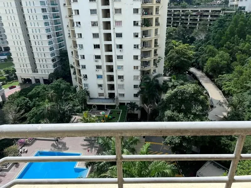 Exterior type: high-rise condominium; features: swimming pool, landscaped garden, surrounded by greenery, balconies on upper floors, driveway, children's playground; style: modern.