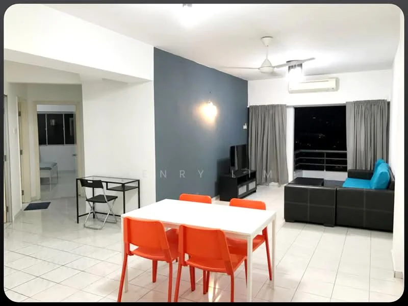 Living features: white painted walls, grey accent wall, ceramic tile flooring, 5-blade ceiling fan with light, sofa in black leather, coffee table, wall-mounted TV, floor-to-ceiling windows with curtains, area rug, dining table with 4 orange chairs; style: modern; view: city. Dining features: dining table with white surface, 4 orange plastic chairs; style: modern.