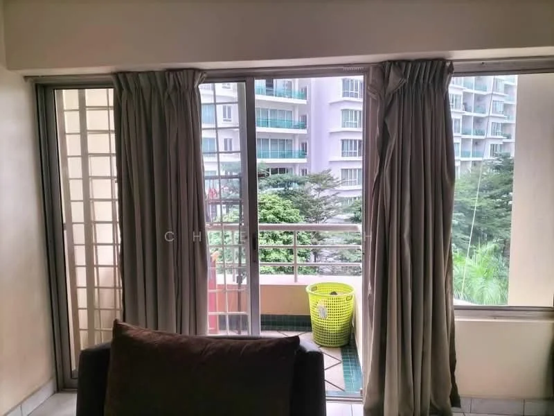 Room features: floor-to-ceiling windows, sliding glass door, curtains, balcony view, greenery view, brown fabric sofa, light-colored walls, tile flooring; view: garden.