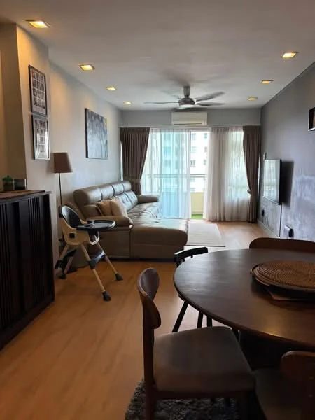 Living features: 3-seater leather sofa in light grey, ceiling fan with light, floor-to-ceiling windows, sheer curtains, wooden flooring, wall-mounted TV, entertainment unit, decorative wall art, recessed lighting, area rug, coffee table, plant in ceramic pot; style: modern; view: city. Dining features: round dining table, wooden dining chairs, high chair, woven placemat; style: modern.