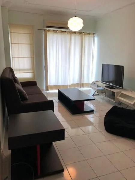 Living features: 3-seater fabric sofa in dark brown, coffee table with black and red accents, TV console in white with storage, wall-mounted TV, floor-to-ceiling windows with sheer curtains, tile flooring, ceiling light fixture, air conditioning unit; style: modern.