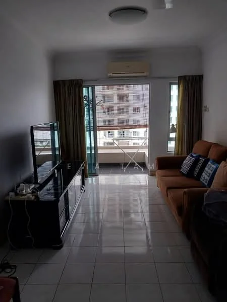 Living features: cream painted walls, white tiled flooring, sofa in brown fabric, coffee table, TV console in black, wall-mounted TV, floor-to-ceiling windows, curtains in beige, air conditioning unit, decorative cushions on sofa; style: modern; view: city.