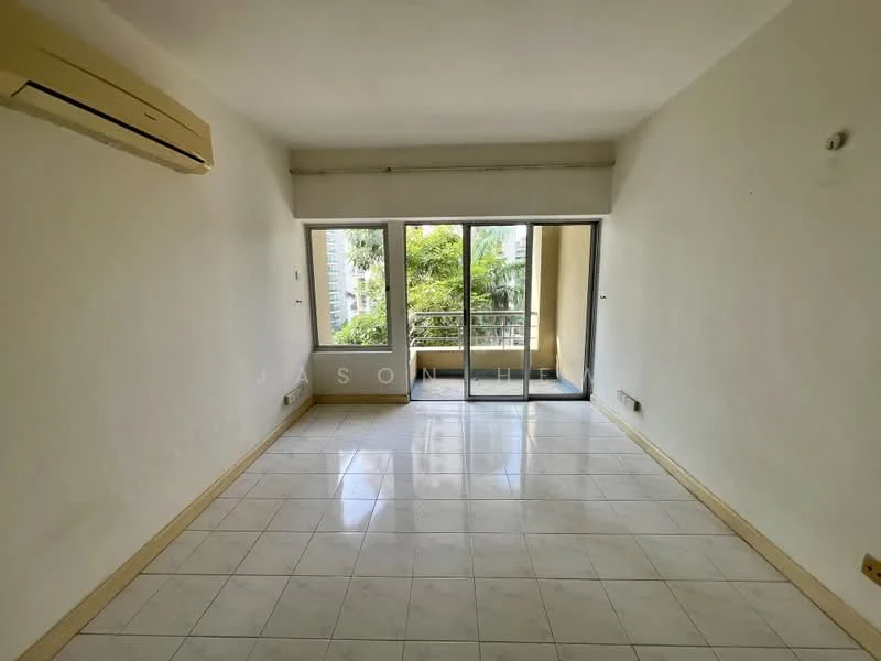 Living features: white painted walls, glazed sliding door, floor-to-ceiling windows, tile flooring, 1 wall-mounted split AC, natural light from windows, view of greenery, neutral color scheme; view: garden.