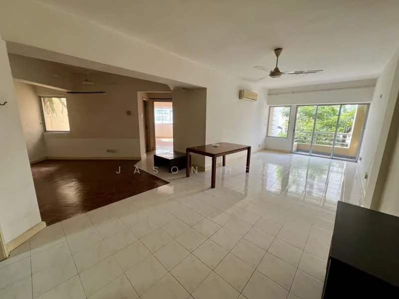 Living features: white painted walls, ceramic tile flooring, 5-blade ceiling fan, floor-to-ceiling windows, sliding glass door, natural light from windows, air conditioning unit, open layout; style: modern; view: garden. Dining features: wooden flooring, open layout, natural light from windows; style: modern; view: garden.