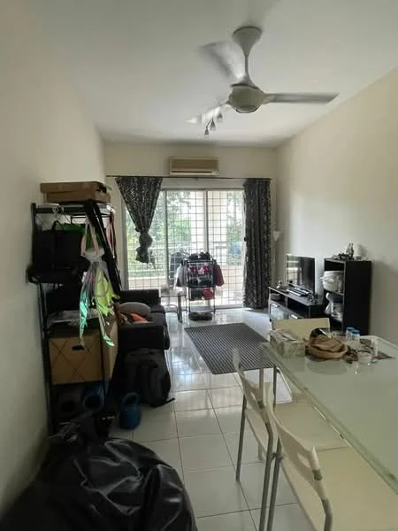 Living features: white painted walls, glossy tile flooring, 5-blade ceiling fan with light, floor-to-ceiling windows, blackout curtains, sofa in black fabric, coffee table, TV console, wall-mounted TV, area rug with geometric pattern, dining table with white chairs, open shelving unit, decorative items on shelves; style: modern; view: garden.