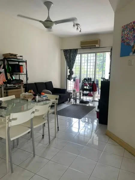 Living features: 3-seater fabric sofa in dark grey, glass dining table with 6 white chairs, ceiling fan, recessed downlights, floor-to-ceiling windows, sliding glass door, grey area rug, white tiled flooring, decorative wall art, black TV console, shelves with various items; style: modern; view: garden.