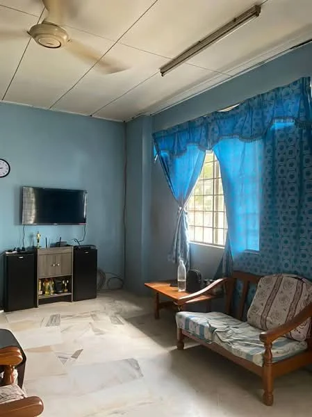 Living features: light blue painted walls, white ceiling, 5-blade ceiling fan, floor-to-ceiling window with blue curtains, wooden sofa with patterned upholstery, coffee table, TV console with black finish, wall-mounted TV, marble flooring.