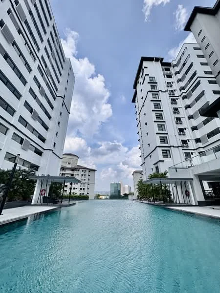 Exterior type: high-rise condominium; features: glass curtain wall, white painted facade, recessed balconies, infinity pool, pool deck with loungers, landscaped garden, surrounded by mature greenery, approximately 10-storey high-rise; style: modern.