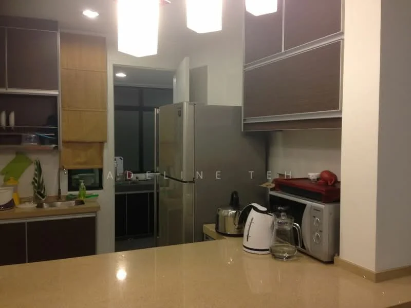 Kitchen features: stainless-steel fridge, built-in oven, freestanding range oven, kettle, toaster, dishwasher, granite countertop, wood cabinetry, pendant lights, ceramic tile flooring, window with sheer curtains, open shelving, sink, chrome pull-down faucet; style: modern.