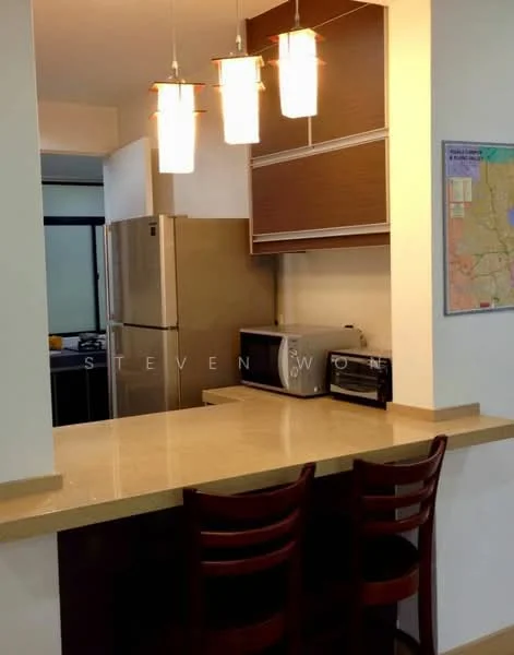 Kitchen features: brown wooden cabinetry, granite countertop, stainless-steel fridge, built-in microwave, freestanding range oven, 3 pendant lights, bar seating with 2 stools, tile backsplash; style: modern.