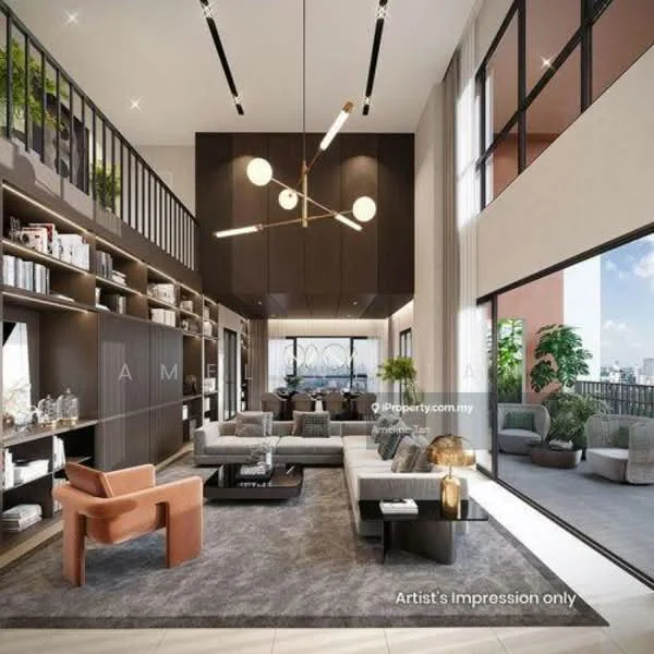 Living features: large floor-to-ceiling windows, sliding glass door, modern sectional sofa in light grey, accent chair in orange, coffee table with glass top, area rug with geometric pattern, built-in shelving unit with decorative items, recessed LED downlights, chandelier with multiple bulbs, potted plants, wall-mounted TV, decorative wall art; style: modern; view: city.