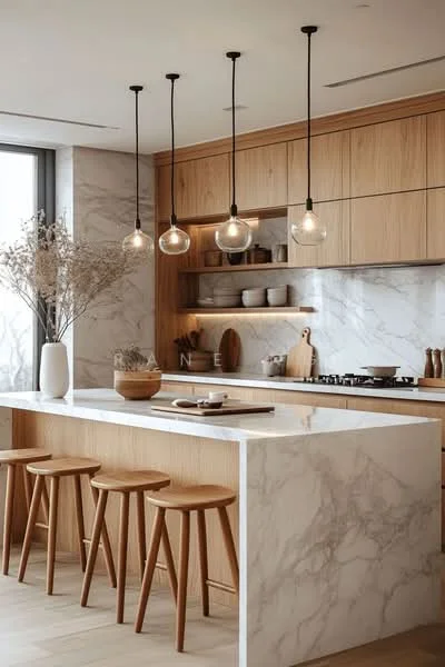 Kitchen features: marble countertop, wood cabinetry, open shelving, stainless-steel gas hob, built-in oven, pendant lighting, bar stools, decorative vase, wooden cutting boards, ceramic bowls, wall-mounted shelves, neutral color palette, textured backsplash; style: modern.