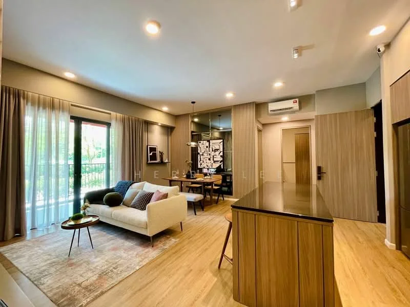 Living features: light wood flooring, white walls, floor-to-ceiling windows, sheer curtains, 3-seater fabric sofa in cream, decorative throw pillows, coffee table with round top, area rug with geometric pattern, wall-mounted artwork, recessed LED downlights, ceiling-mounted air conditioning unit, dining table with 4 chairs, open-plan layout; style: modern; view: garden. Kitchen features: kitchen island with breakfast bar, wood cabinetry, black countertop, built-in oven, stainless-steel fridge, stainless-steel sink, chrome pull-down faucet, open shelving; style: modern.