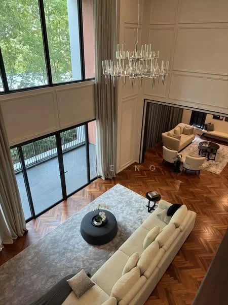 Living features: herringbone patterned wood flooring, large floor-to-ceiling windows, sheer curtains, chandelier with multiple lights, cream fabric sectional sofa, black round coffee table, decorative area rug, wall-mounted TV, built-in cabinetry, potted plants, grey accent wall, open layout to balcony; style: modern; view: garden.