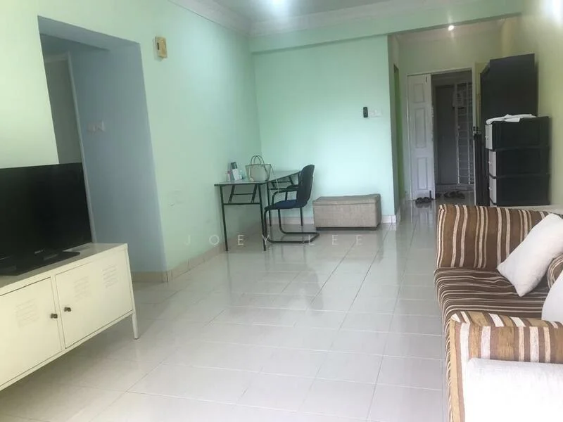 Living features: white painted walls, glossy tile flooring, sofa with striped upholstery, coffee table, TV console, wall-mounted TV, study desk with chair, decorative throw pillows, floor lamp, open space layout; style: modern.