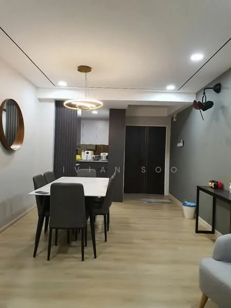 Dining features: 6-seater dining table, grey upholstered dining chairs, wooden flooring, recessed downlights, chandelier light fixture, round wall mirror, feature wall with vertical panels, built-in cabinetry, open kitchen visible in background; style: modern.