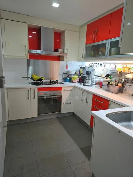 Kitchen features: red and white cabinetry, stainless-steel gas stove, built-in oven, stainless-steel range hood, single-bowl stainless-steel sink, chrome pull-down faucet, grey tile flooring, white tiled backsplash, countertop with storage, kitchen appliances visible, wall-mounted fan, open shelving, various kitchen utensils and containers; style: modern.
