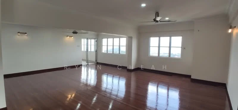 Room features: wooden flooring, white painted walls, recessed downlights, 5-blade ceiling fan, floor-to-ceiling windows, multiple windows, natural light, open layout; style: modern; view: city.