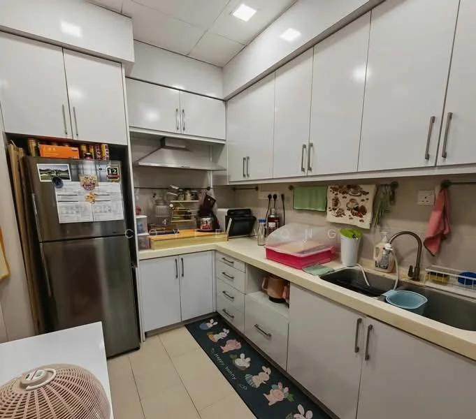 Kitchen features: white cabinetry with flat-panel doors, stainless-steel fridge, built-in oven, double-bowl stainless-steel sink, chrome pull-down faucet, yellow countertop, ceramic tile flooring, wall-mounted range hood, decorative kitchen mat, wall-mounted storage for utensils, under-cabinet lighting, open shelving, appliance garage; style: modern.