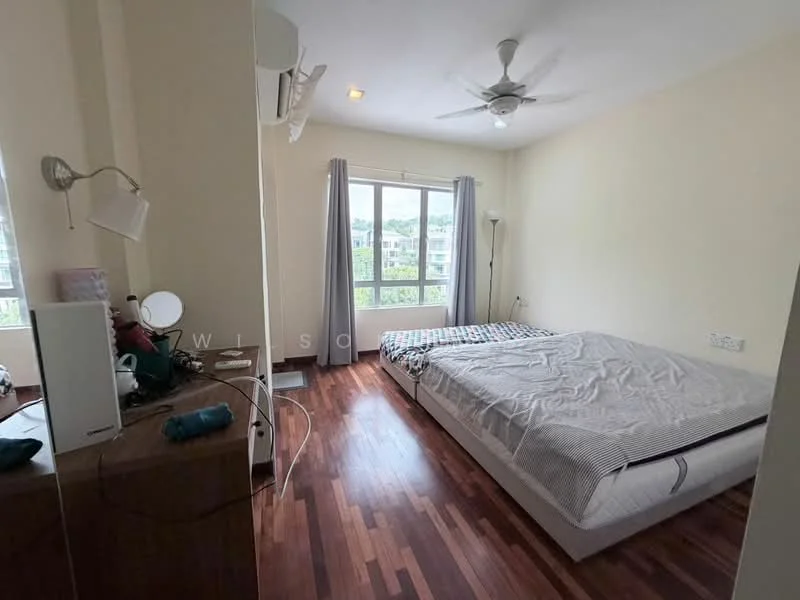 Bedroom features: queen-size bed, upholstered headboard, wooden flooring, 5-blade ceiling fan, floor-to-ceiling window, curtains, nightstand, table lamp, dressing table with mirror, built-in wardrobe; style: modern; view: garden.