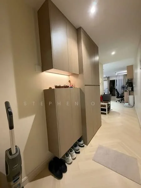 Room features: light wood cabinetry, floating cabinets, light wood flooring, vacuum cleaner, shoes on shoe rack, neutral wall color, recessed lighting, area rug; style: modern.