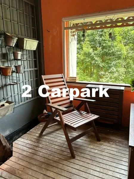 Room features: wooden deck flooring, orange painted walls, large window with view of greenery, wooden chair, planters on wall, wooden storage unit; view: garden.