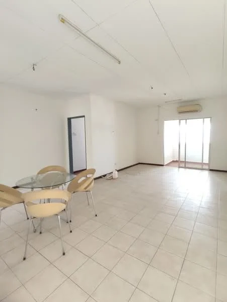 Room features: tiled flooring, white painted walls, ceiling lights, sliding glass door, window with view, glass dining table, four plastic dining chairs, air conditioning unit, corner space for furniture, neutral color scheme; style: modern.