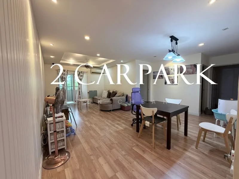 Living features: laminate flooring, white painted walls, recessed downlights, sofa in light grey, coffee table, dining table with chairs, TV console, air conditioning unit, large windows with curtains, decorative wall art; style: modern.