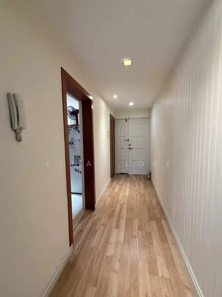 Hallway features: light wood laminate flooring, white painted walls, recessed LED downlights, wall-mounted intercom, wooden door frame, panelled door, doorbell, crown moulding; style: modern.