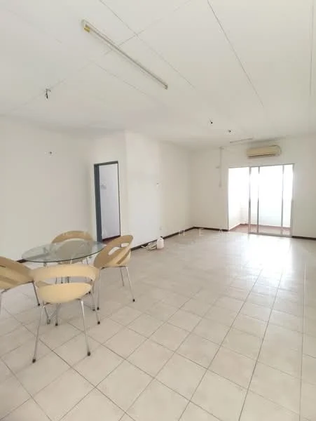 Room features: white painted walls, tile flooring, ceiling lights, sliding glass door, air conditioning unit, glass dining table, four plastic dining chairs, window with natural light.