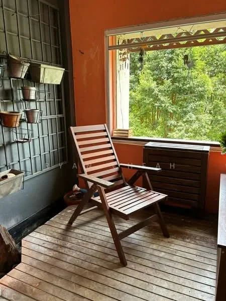 Room features: wooden deck flooring, orange painted walls, large window with view of greenery, wooden folding chair, metal wall planter with pots, wooden storage unit, decorative plants, natural light; style: modern; view: garden.