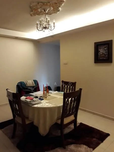 Dining features: round dining table with tablecloth, 4 wooden dining chairs, chandelier with crystals, cream painted walls, tile flooring, area rug, framed artwork on wall, decorative ceiling with floral design; style: modern.