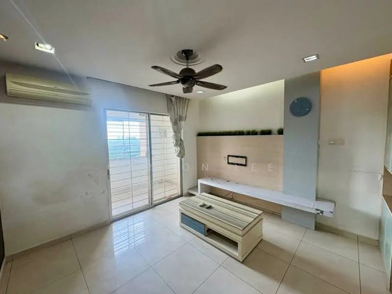 Living features: cream painted walls, white ceiling, 5-blade ceiling fan with light, floor-to-ceiling windows, sliding glass door, curtains, wall-mounted TV, white feature wall with greenery, light-colored coffee table, tile flooring, air conditioning unit; style: modern; view: city.