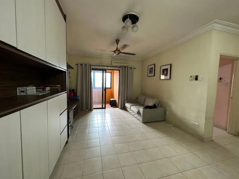Living features: light-colored tiled flooring, white painted walls, ceiling with crown moulding, 5-blade ceiling fan with light, sofa in light grey fabric, built-in cabinetry with wood finish, floor-to-ceiling sliding glass door, curtains on sliding door, wall-mounted artwork, air conditioning unit; style: modern; view: city.