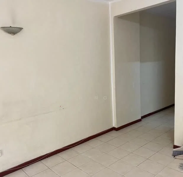 Room features: cream painted walls, white tiled flooring, wall-mounted light fixture, corner entryway, trimmed baseboards.