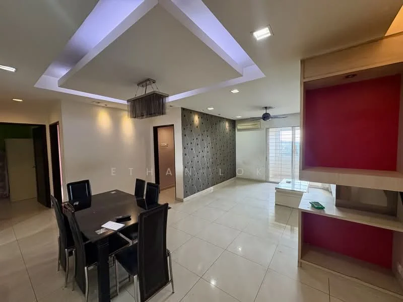 Living features: white painted walls, grey accent wall with pattern, recessed ceiling with LED lighting, tile flooring, ceiling fan, dining table with black chairs, open layout, large windows with natural light, wall-mounted TV console, built-in shelving unit with red accent; style: modern.