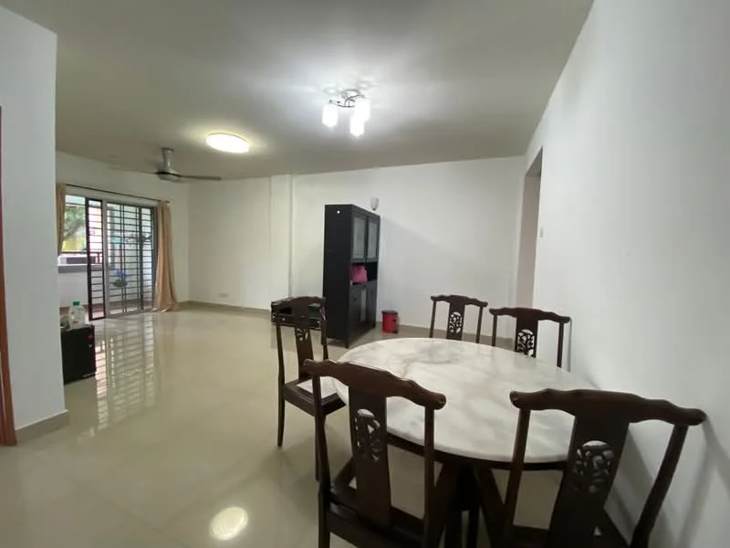 Dining features: round dining table with marble top, 4 wooden dining chairs, white painted walls, polished ceramic tile flooring, ceiling light fixture, 5-blade ceiling fan, large window with sheer curtains, open layout to living area; style: modern. Living features: polished ceramic tile flooring, white painted walls, large window with sliding door, ceiling light fixture, 5-blade ceiling fan, open layout to dining area; style: modern.