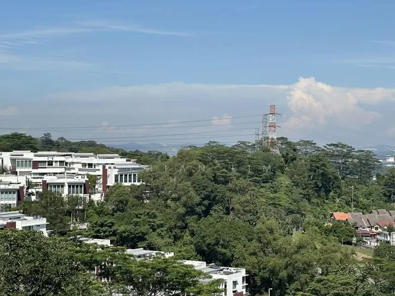 Exterior type: linked terrace house; features: white painted facade, 2-storey buildings, surrounded by mature greenery, visible power lines, urban context with residential area, clear blue sky; style: modern.