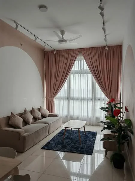 Living features: 3-seater fabric sofa in beige, coffee table, area rug in navy blue, floor-to-ceiling windows, sheer curtains, pink drapery, ceiling fan, decorative houseplants, polished tile flooring, arched wall design, track lighting; style: modern.
