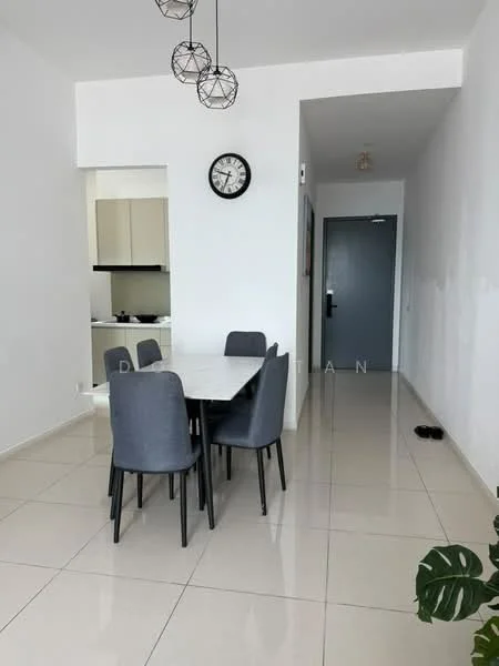 Dining features: marble dining table, 4 upholstered dining chairs in grey, pendant lighting with geometric design, wall clock, white painted walls, glossy tile flooring, open layout to kitchen, sliding door to hallway; style: modern. Room features: white painted walls, glossy tile flooring, doorway leading to hallway, visible kitchen area.