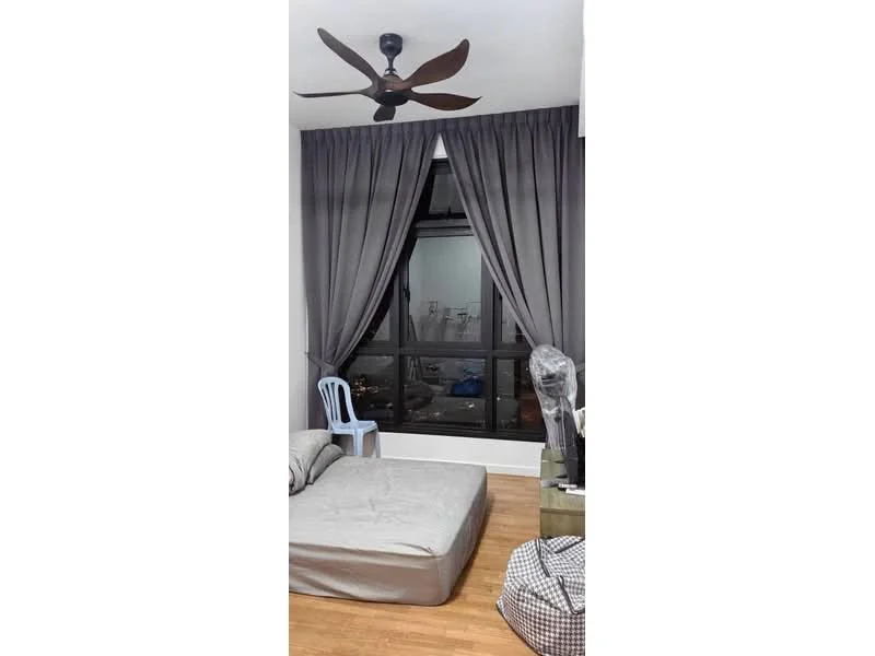 Bedroom features: wooden flooring, grey curtains, floor-to-ceiling window, 5-blade ceiling fan, mattress on the floor, blue plastic chair, decorative bean bag, nightstand; style: modern; view: city.