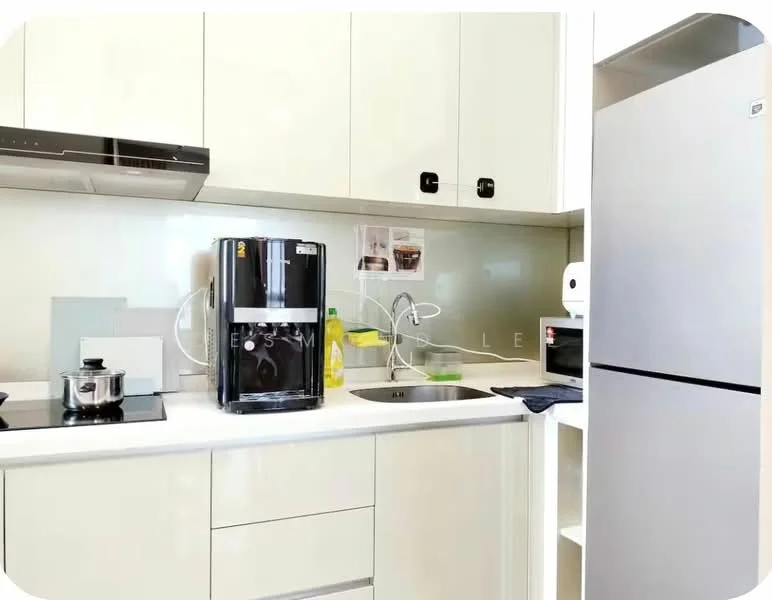 Kitchen features: white cabinetry, black countertop, stainless-steel sink, chrome pull-down faucet, built-in oven, 4-burner gas hob, stainless-steel range hood, stainless-steel fridge, kettle, blender, microwave, open shelving, wall-mounted cabinets, tile backsplash, recessed downlights; style: modern.