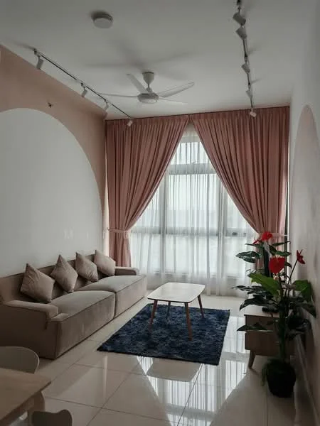 Living features: 3-seater fabric sofa in beige, coffee table, area rug with geometric pattern in blue, floor-to-ceiling windows, sheer curtains, ceiling fan, wall-mounted lighting, decorative houseplants, light-colored walls with arch design, glossy tile flooring; style: modern.