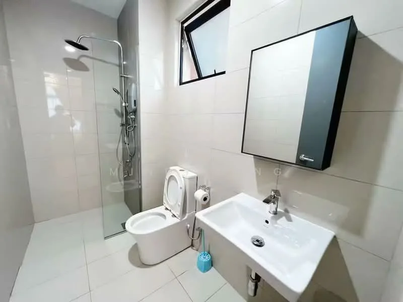 Bathroom features: walk-in shower with glass enclosure, rain shower head, handheld shower, white ceramic toilet, single-sink vanity with wall-mounted faucet, mirror with black frame, white tiled walls, light-colored tile flooring, window for natural light; style: modern.
