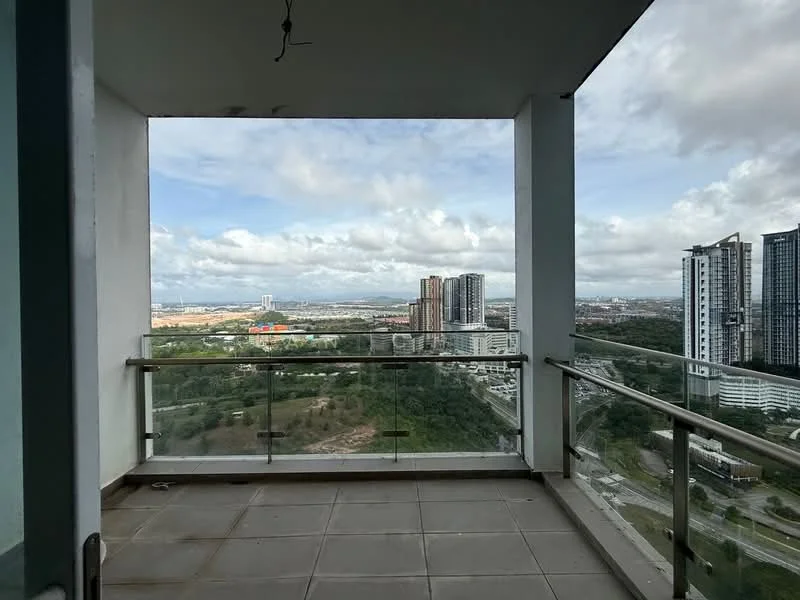 Room features: glass balcony railing, concrete flooring, city skyline view, cloudy sky, open space, exterior wall, overhead ceiling, no visible furniture; style: modern; view: city.
