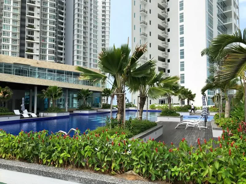 Exterior type: high-rise condominium; features: infinity pool, pool deck with loungers, landscaped garden with tropical plants, palm trees, manicured lawn, glass curtain wall facade, multiple storeys, outdoor seating area; style: modern.